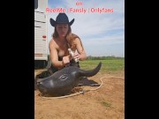 Preview 3 of Cowgirl Fucks Roping Steer Horn in asshole, Strips down nude on, uses Huge New Toy to stretch ass!