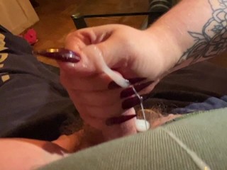 Red Long Nails Massaging Small Cock Slave with hard Glans *Intense Male Orgasm* Video