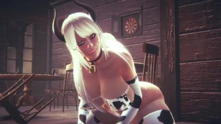 Sletterige Blonde met Huge Tits verkleedt zich als een koe en berijdt You Fantasy cosplay
