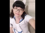 Preview 2 of 伪娘在厕所尿得一塌糊涂whie uniform pee pissing a mess and eat own cum
