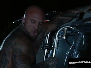 Preview 6 of Beefy Trucker Drills Tatted Muscle Outdoors - Danny Starr, Gunnar Stone - RagingStallion