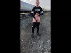 a handsome guy jerks off a big dick and he was seen by train passengers