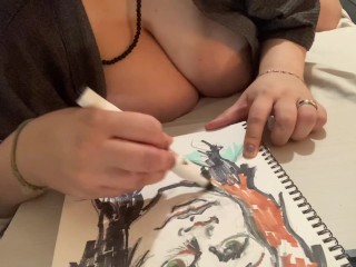Big tits nipslip while drawing Video