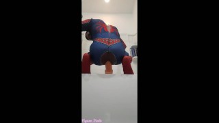 Spiderman cums while riding massive dildo