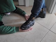 Preview 2 of I'm trampling , stomping on his hands in new boots and barefoot