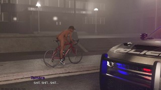 A garota exibicionista fode sua bicicleta e policial