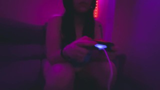my boyfriend's friend catches me playing fortnite and puts his cock in my mouth and cums on my feet
