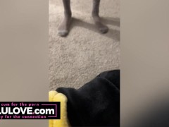 Big tits babe stripping in mirror, trying on GILF wig, singing, pussy closeups - Lelu Love