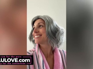 Big tits babe stripping in mirror, trying on GILF wig, singing, pussy closeups - Lelu Love Video