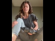 Preview 2 of Brunette accidentally masturbates pussy with massage gun on TikTok live