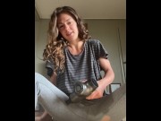 Preview 5 of Brunette accidentally masturbates pussy with massage gun on TikTok live