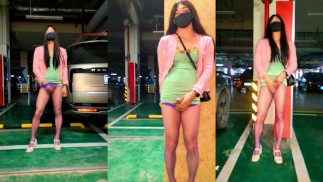 Chinese ladyboy cums in underground garage