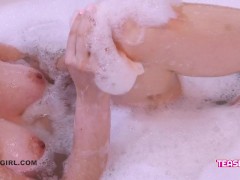 Beautiful brunette student in the bath
