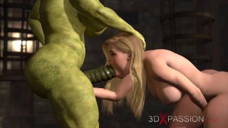 Фута-орк с огромным членом жестко трахает сексуальную блондинку-шлюшку в замке