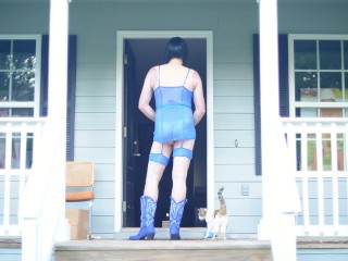 Gigantic Fake Tits Crossdresser in Lingerie Masturbation outside