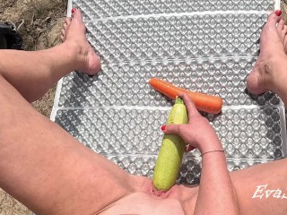 Multiorgasm from Vegetables of a Red-haired Slut in Nature