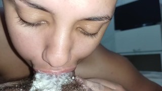 handjob hitting dick in the face in the mouth and he releases all his foamy creampie🍌🫦💦😋🥛🥛🤤🥛