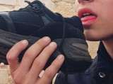 Licking the cum off my shoe! Jerking off on sneakers! Legs, cum, sportswear