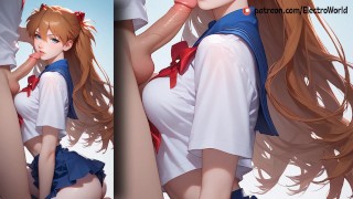 Asuka Langley speelt met pikken en schiet sperma