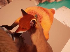 Cute red furry fox swallows horse dildo