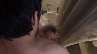 Shower blow job to hubbys huge cock