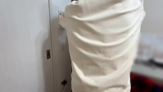 Prank on my girlfriend trying new mini skirt, uplifting and touching all over her body