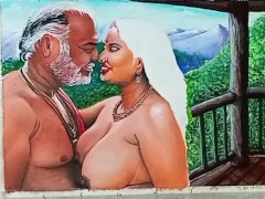 Erotic Art Or Drawing Of Sexy Indian Woman on honeymoon with Father in law at an Exotic Location