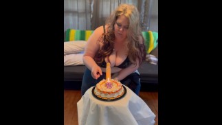 BBW Eating cake and licking frosting off a dildo