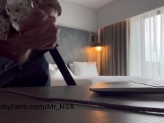 Dressed and ready to go, I quickly watch porn and make myself cum hard. Jerking, big white cock