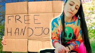 Brunette Hippie Makes Outdoor Handjob For Free