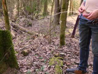 Волосатый возбужденный мужик со стояком ссыт в весеннем лесу прямо на камеру