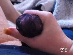 Dirty talk while I give his cock a handjob with my sexy lacy panties while fingering my pussy.