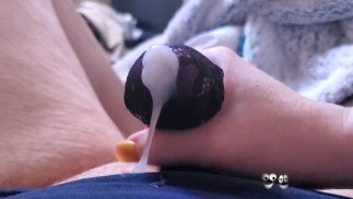 Dirty talk while I give his cock a handjob with my sexy lacy panties while fingering my pussy.