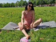 Nicky Brill Showing pussy in public park and pissing
