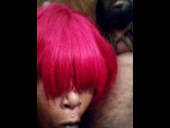 WHEN MY WET MOUTH EBONY PUTS THIS RED WIG ON IT'S A GREEN LIGHT FOR DADDY TO FUCK HER THROAT!!!