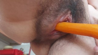 Naughty carrot inthe hairy pussy 💥👀 Hot brunette milf
