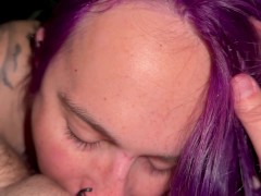 Purple-haired T4T slut goes down on trans boyfriend