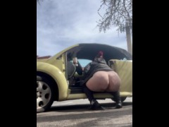 Bbw pees outside busy store