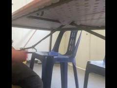 Jerking off under the desk at work and cumming on the floor