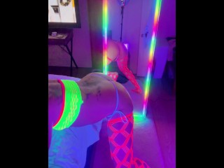 Twerking in Neon Sissy Lingerie in Blacklight. little Submissive Cumslut after Party.