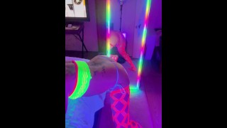 Twerking in neon sissy lingerie in blacklight. Little submissive cumslut after party.
