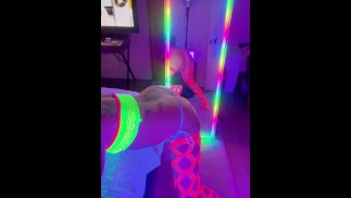 Twerking in neon sissy lingerie in blacklight. Little submissive cumslut after party.