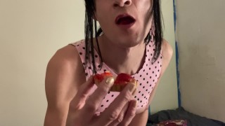 She eats a cum cake because a guy online asked her to