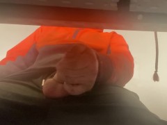 Under the desk jerk off and cumming on the office floor