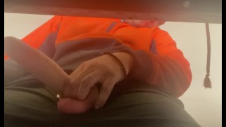 Under the desk jerk off and cumming on the office floor
