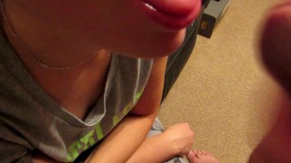 Yummy sticky cum on wife's tongue