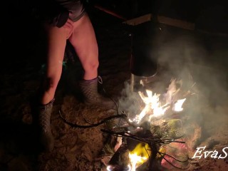 MILF Pisses Standing in a Bonfire