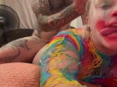 Fit tattooed guy fucks a silly slut until she cums