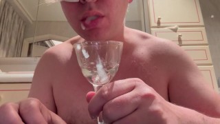Cumming twice in a glass and drinking it - eating sperme