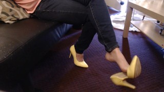 Double Crossed Yellow Pumps Dangling